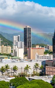 Preview wallpaper buildings, rainbow, trees, city