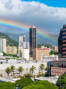 Preview wallpaper buildings, rainbow, trees, city