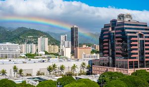 Preview wallpaper buildings, rainbow, trees, city