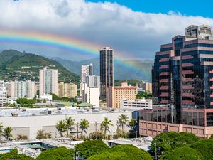 Preview wallpaper buildings, rainbow, trees, city