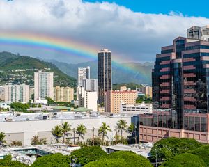Preview wallpaper buildings, rainbow, trees, city
