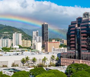 Preview wallpaper buildings, rainbow, trees, city