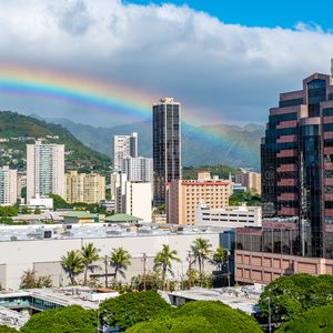 Preview wallpaper buildings, rainbow, trees, city