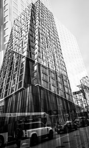 Preview wallpaper buildings, reflection, street, cars, edges, bw