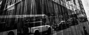 Preview wallpaper buildings, reflection, street, cars, edges, bw