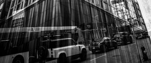 Preview wallpaper buildings, reflection, street, cars, edges, bw