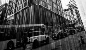 Preview wallpaper buildings, reflection, street, cars, edges, bw