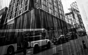Preview wallpaper buildings, reflection, street, cars, edges, bw