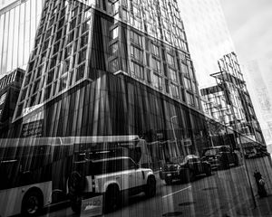 Preview wallpaper buildings, reflection, street, cars, edges, bw