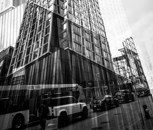 Preview wallpaper buildings, reflection, street, cars, edges, bw
