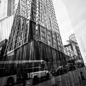 Preview wallpaper buildings, reflection, street, cars, edges, bw