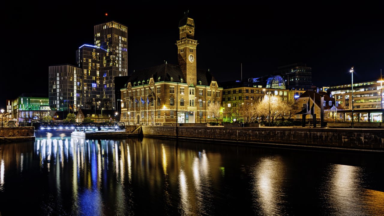 Wallpaper buildings, river, bridge, light, city, night