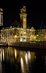Preview wallpaper buildings, river, bridge, light, city, night