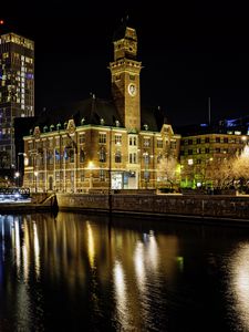 Preview wallpaper buildings, river, bridge, light, city, night