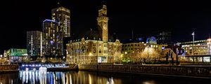 Preview wallpaper buildings, river, bridge, light, city, night