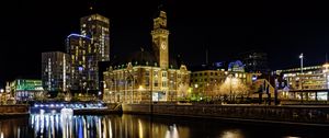 Preview wallpaper buildings, river, bridge, light, city, night