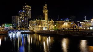 Preview wallpaper buildings, river, bridge, light, city, night