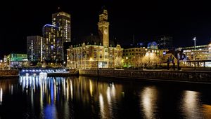 Preview wallpaper buildings, river, bridge, light, city, night