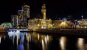Preview wallpaper buildings, river, bridge, light, city, night