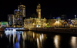 Preview wallpaper buildings, river, bridge, light, city, night