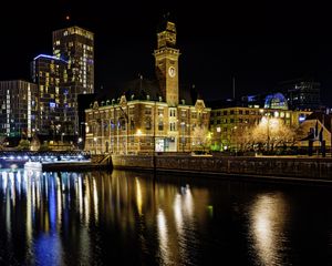 Preview wallpaper buildings, river, bridge, light, city, night