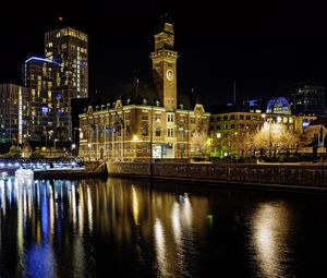 Preview wallpaper buildings, river, bridge, light, city, night