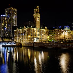 Preview wallpaper buildings, river, bridge, light, city, night