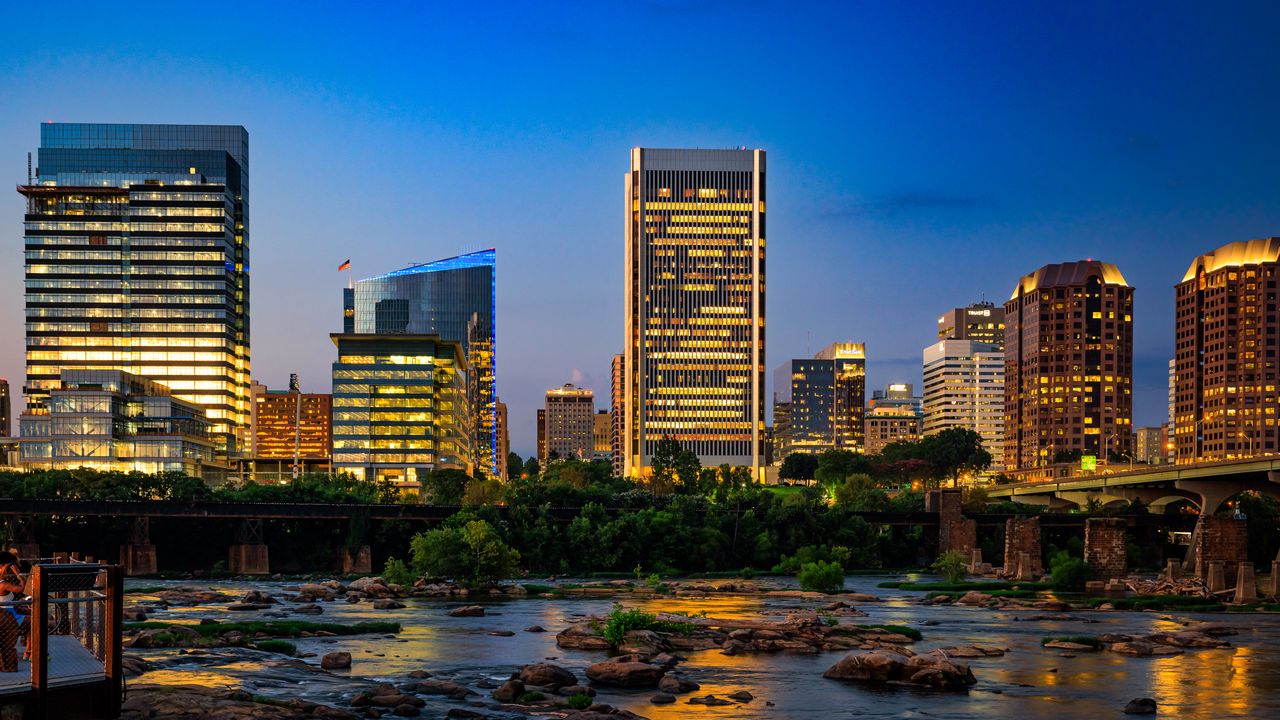 Wallpaper buildings, river, bridge, light, city, dark
