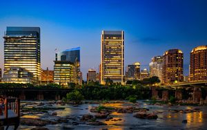 Preview wallpaper buildings, river, bridge, light, city, dark