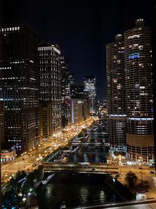 Preview wallpaper buildings, river, bridges, embankment, lights, night, city