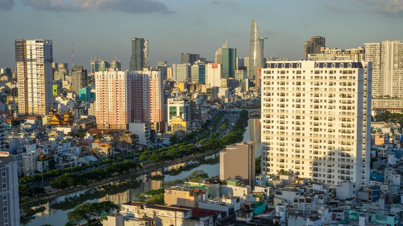 Wallpaper buildings, river, city, aerial view