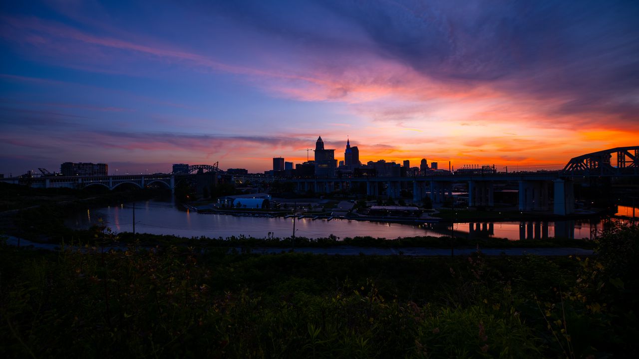 Wallpaper buildings, river, embankment, sunrise