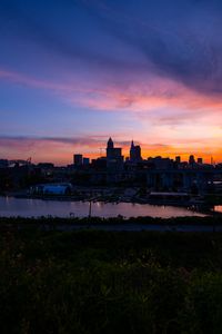 Preview wallpaper buildings, river, embankment, sunrise