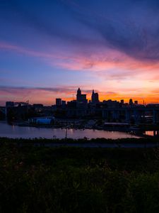 Preview wallpaper buildings, river, embankment, sunrise