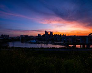 Preview wallpaper buildings, river, embankment, sunrise