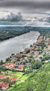 Preview wallpaper buildings, river, hills, sky, beach, trees, hdr