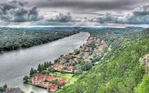 Preview wallpaper buildings, river, hills, sky, beach, trees, hdr