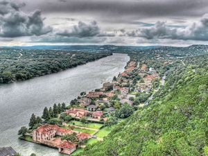 Preview wallpaper buildings, river, hills, sky, beach, trees, hdr