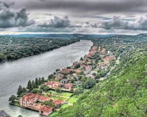 Preview wallpaper buildings, river, hills, sky, beach, trees, hdr