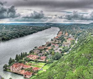 Preview wallpaper buildings, river, hills, sky, beach, trees, hdr