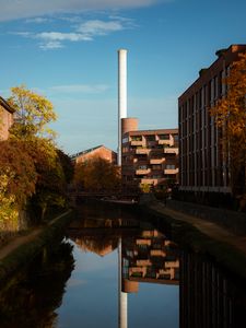 Preview wallpaper buildings, river, pipe, sky, trees, reflection