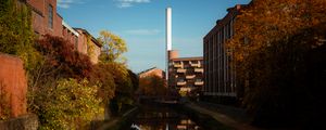 Preview wallpaper buildings, river, pipe, sky, trees, reflection