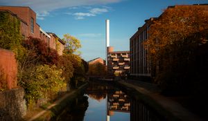 Preview wallpaper buildings, river, pipe, sky, trees, reflection