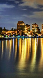 Preview wallpaper buildings, river, reflection, night, beach