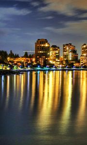 Preview wallpaper buildings, river, reflection, night, beach