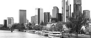 Preview wallpaper buildings, river, ships, city, bw