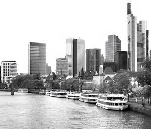 Preview wallpaper buildings, river, ships, city, bw