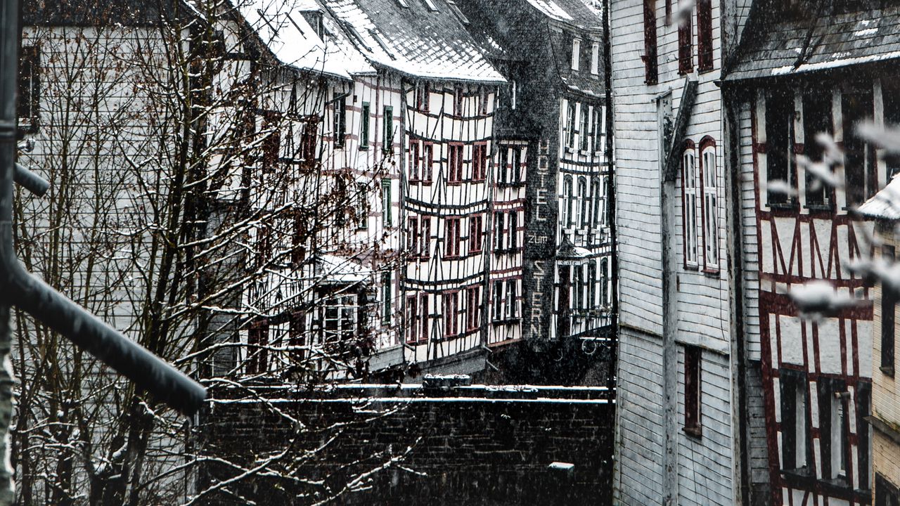 Wallpaper buildings, river, snow, city, winter