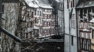 Preview wallpaper buildings, river, snow, city, winter