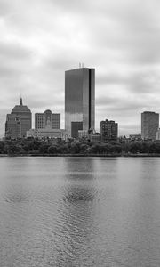 Preview wallpaper buildings, river, trees, city, black and white